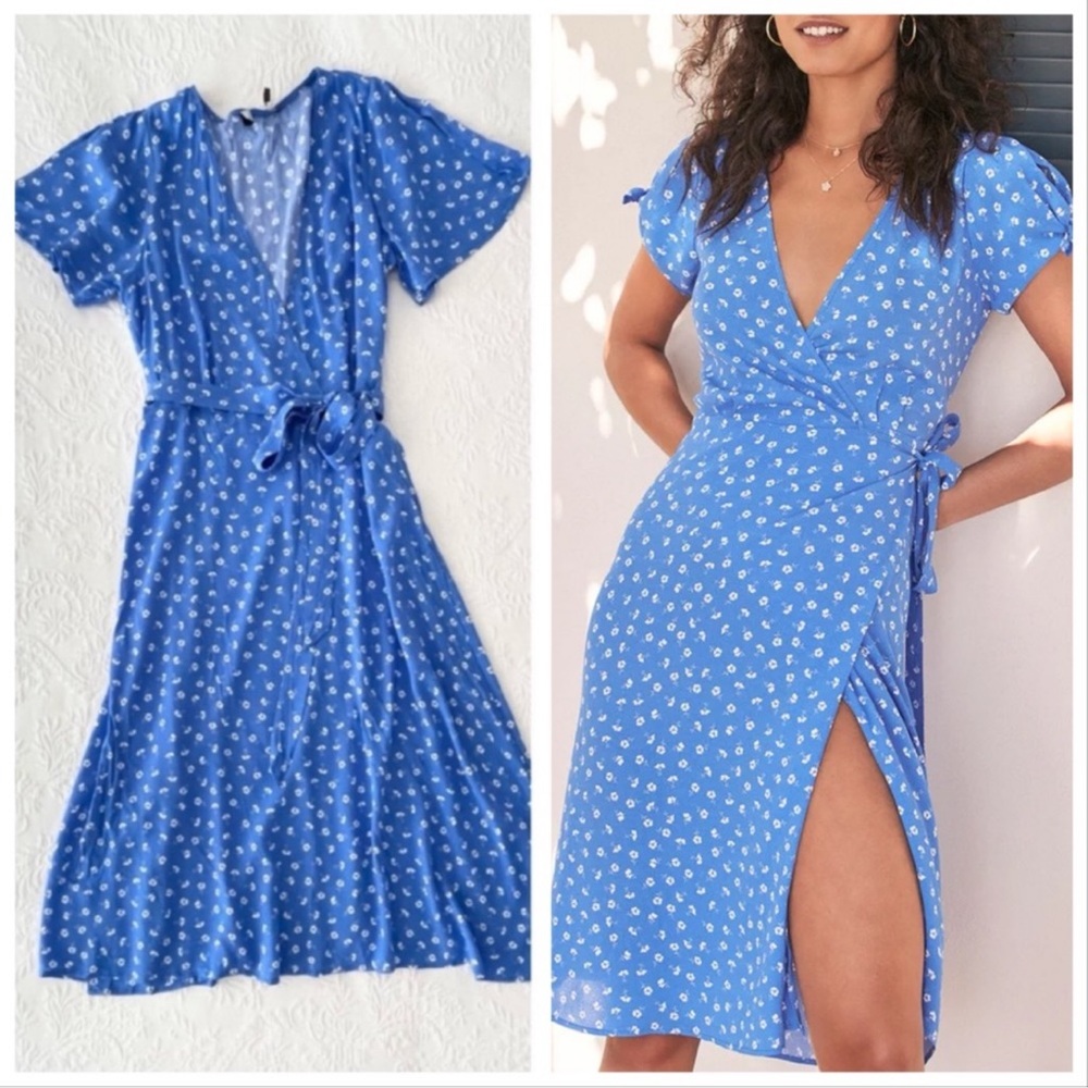 Lulus Blue Ditsy Floral Wrap Midi Dress XL | Cottagecore Summer Flowy